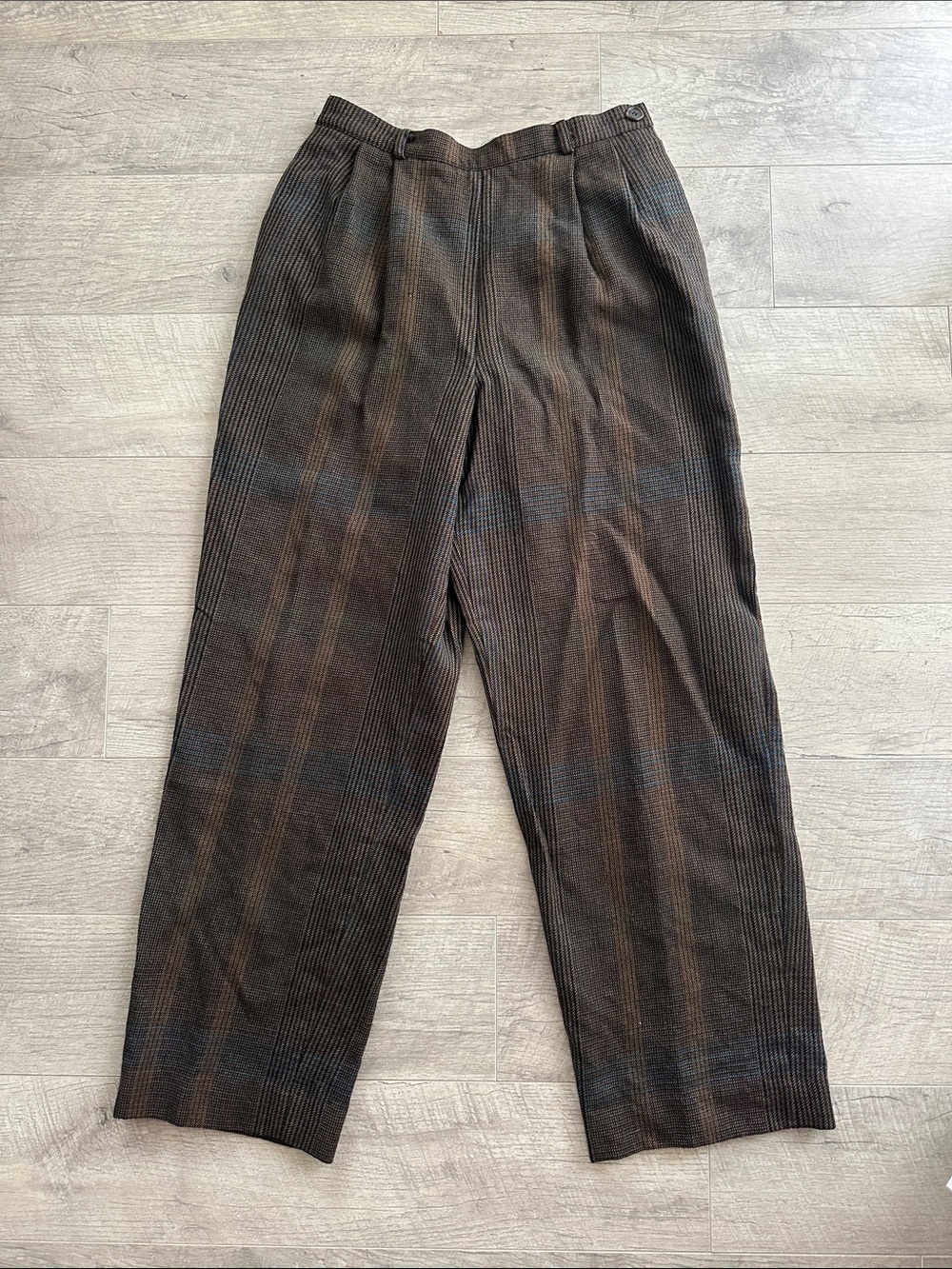 100% Wool Brown and Blue Plaid Trousers